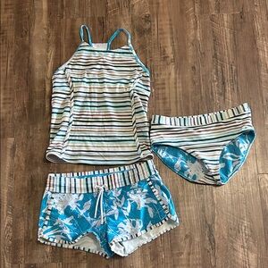 Athleta Girls Aqua Blue Striped 3-Piece Swim Set